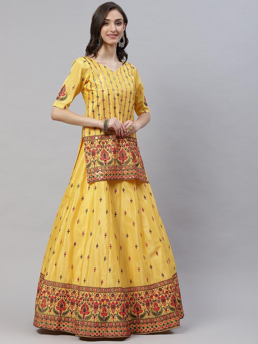 shubhkala yellow & pink embroidered mirror work semi-stitched lehenga & blouse with dupatta