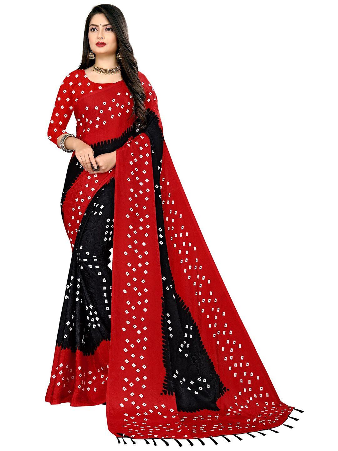 laheja black & red bandhani saree with unstiched blouse