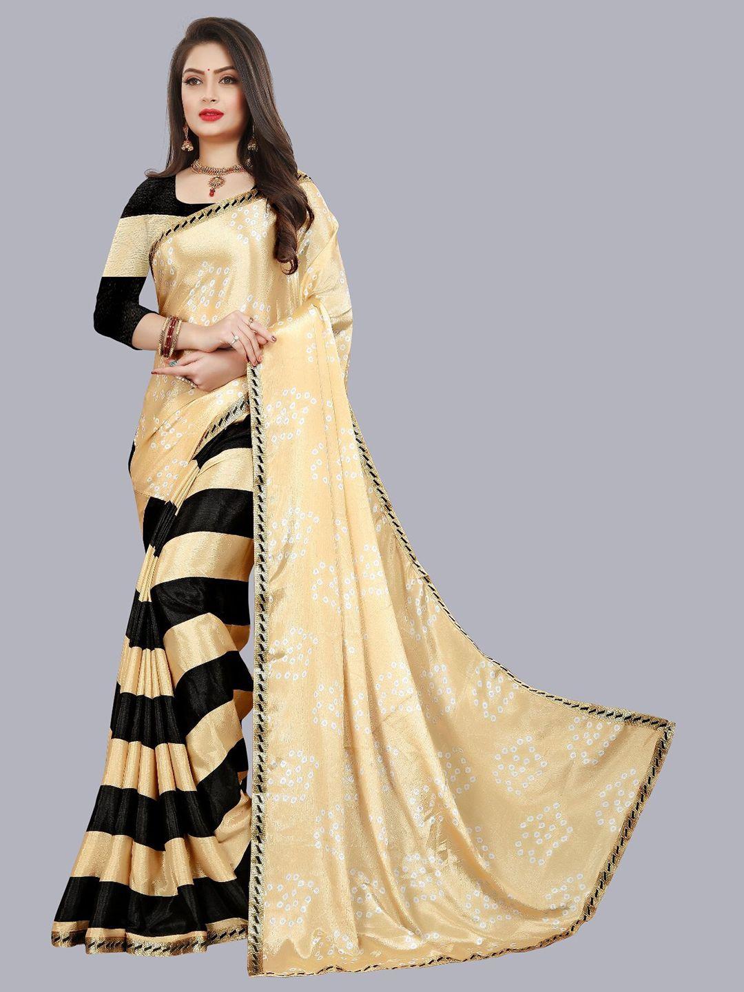 laheja beige & black bandhani printed ploy silk saree