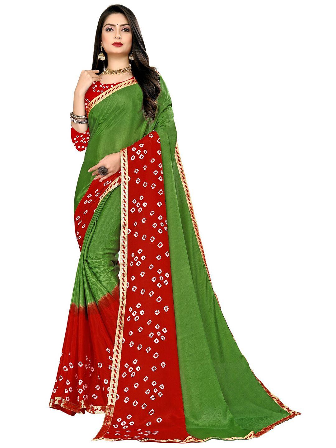 laheja green & red bandhani printed ploy silk saree