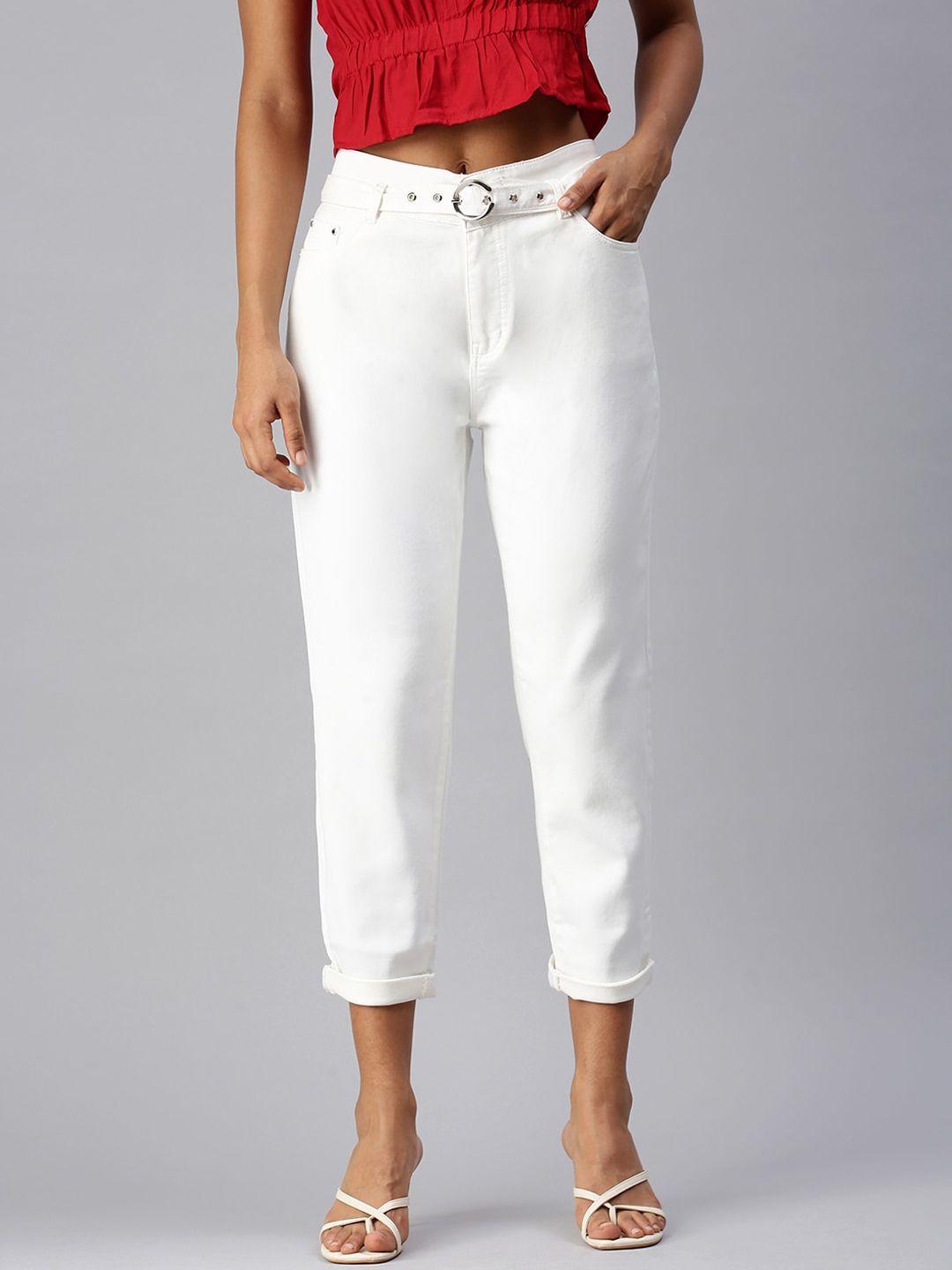 showoff women off white slim fit high-rise stretchable denim jeans