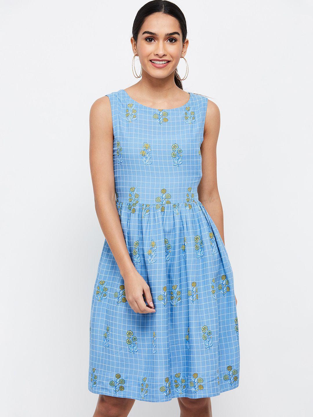 max women blue floral fit and flare dress