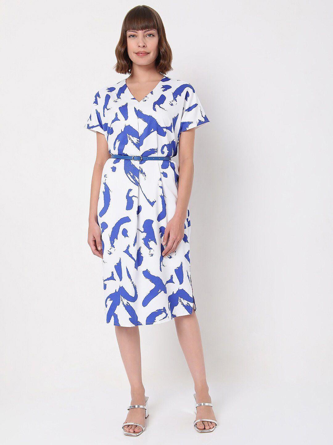 vero moda white & blue sheath abstract printed belt midi dress