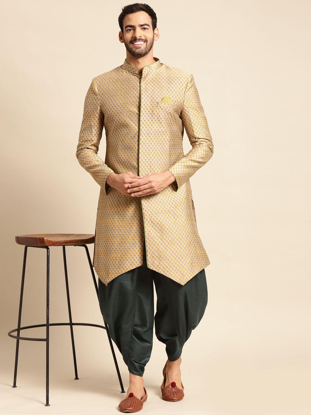 kisah men gold-toned & green sherwani set