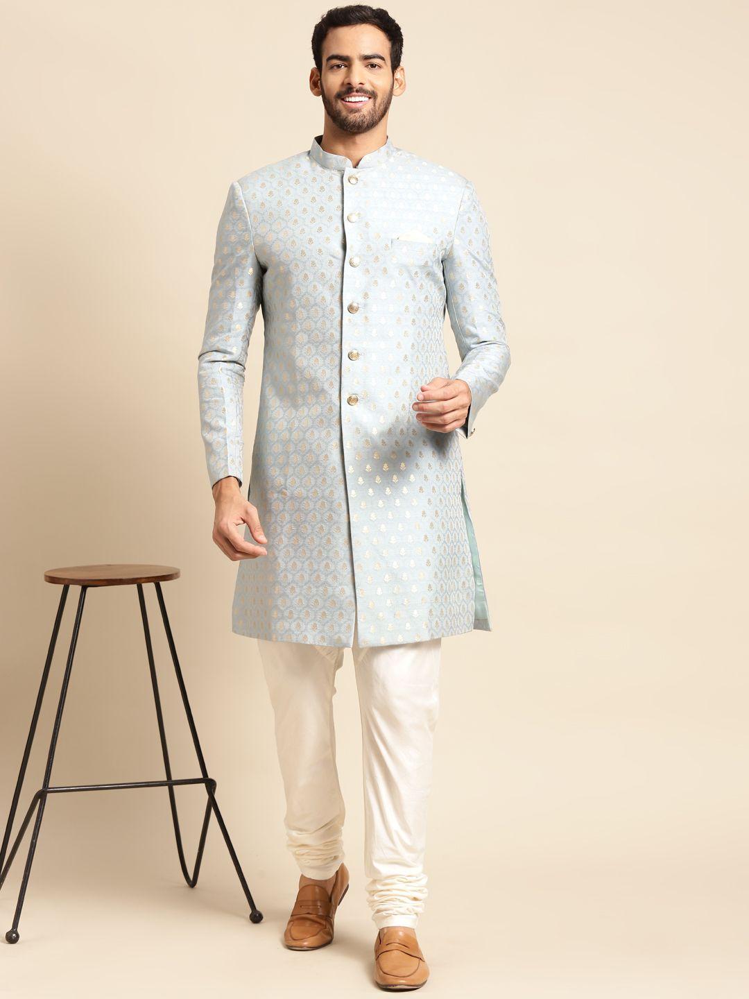 kisah men turquoise blue & golden sherwani & churidar set