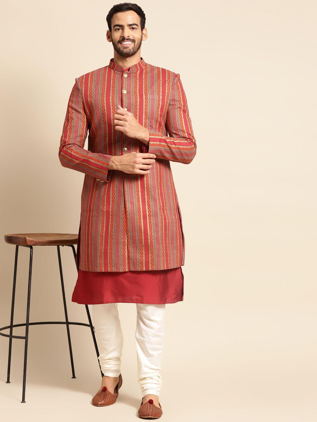 kisah men red & mustard striped sherwani set