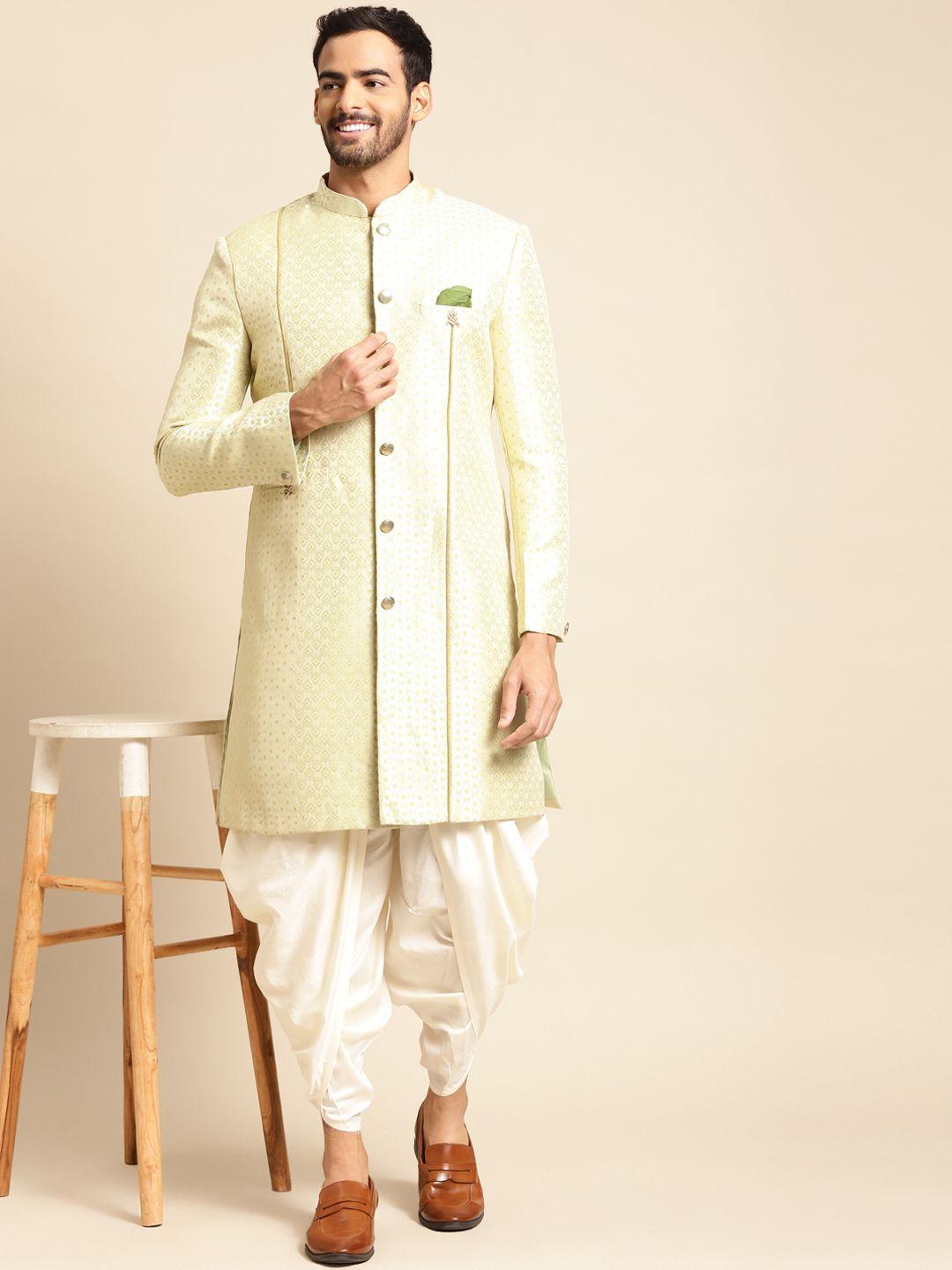 kisah men pink & white printed sherwani set