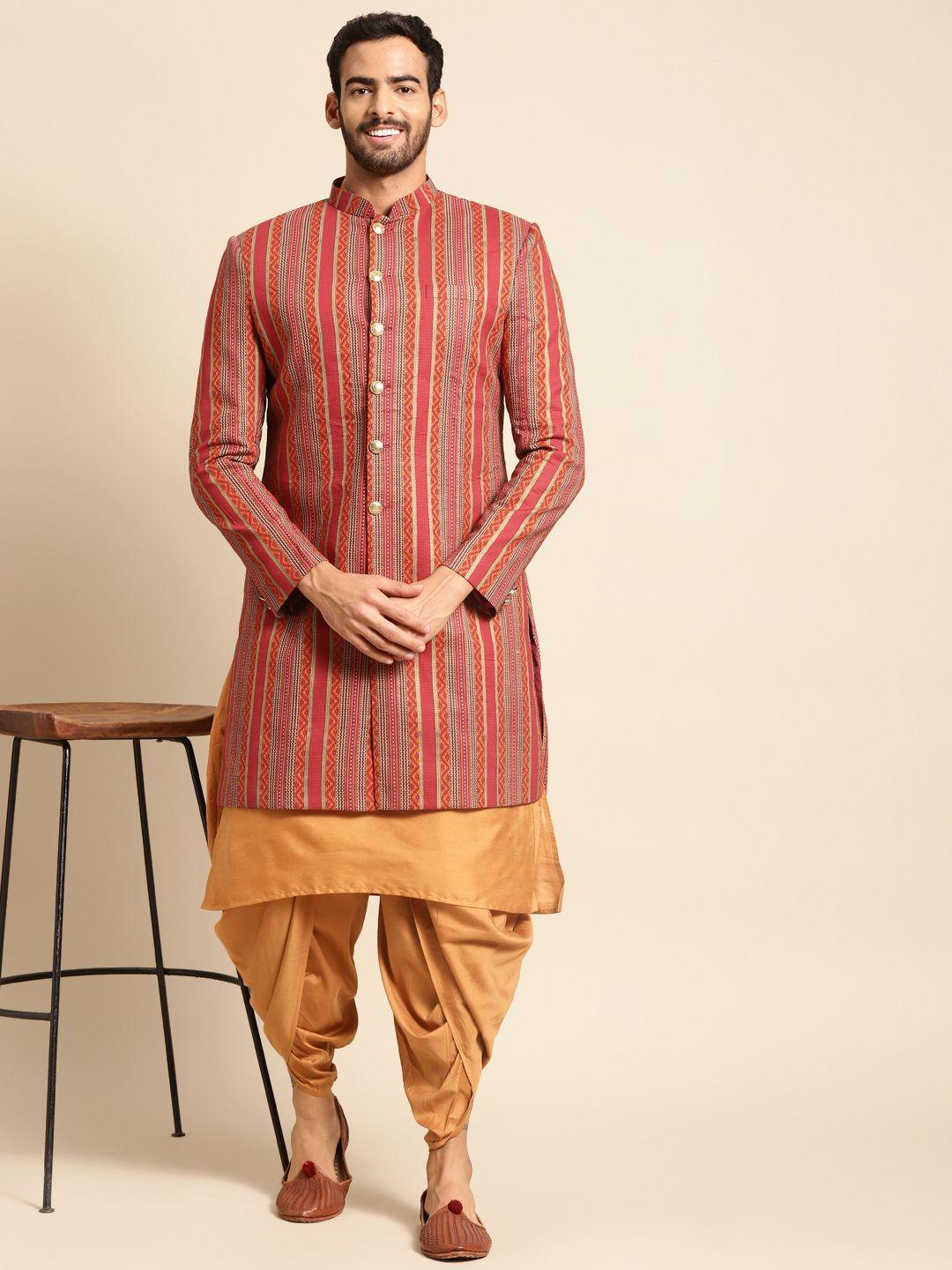 kisah men  red & mustard striped sherwani set