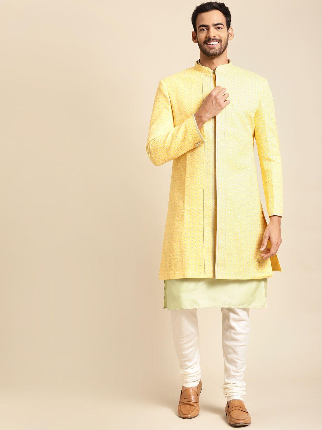 kisah men green & white sherwani set