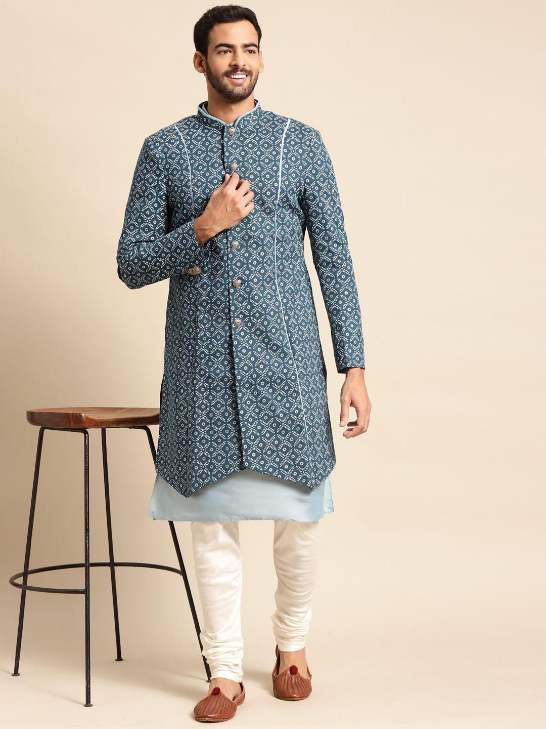 kisah men navy blue & off white printed sherwani set