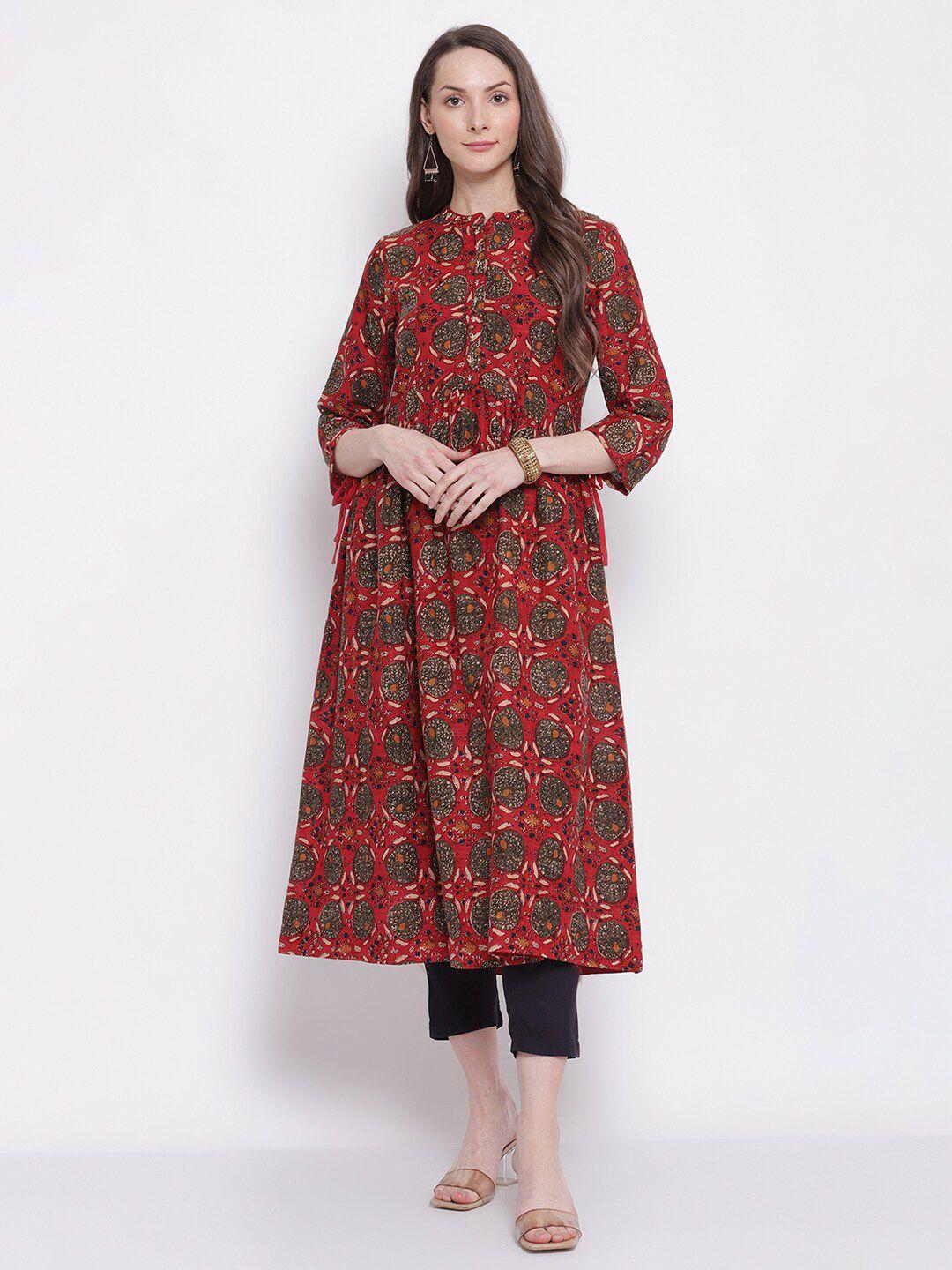 cantabil women red & olive green printed block print cotton anarkali kurta