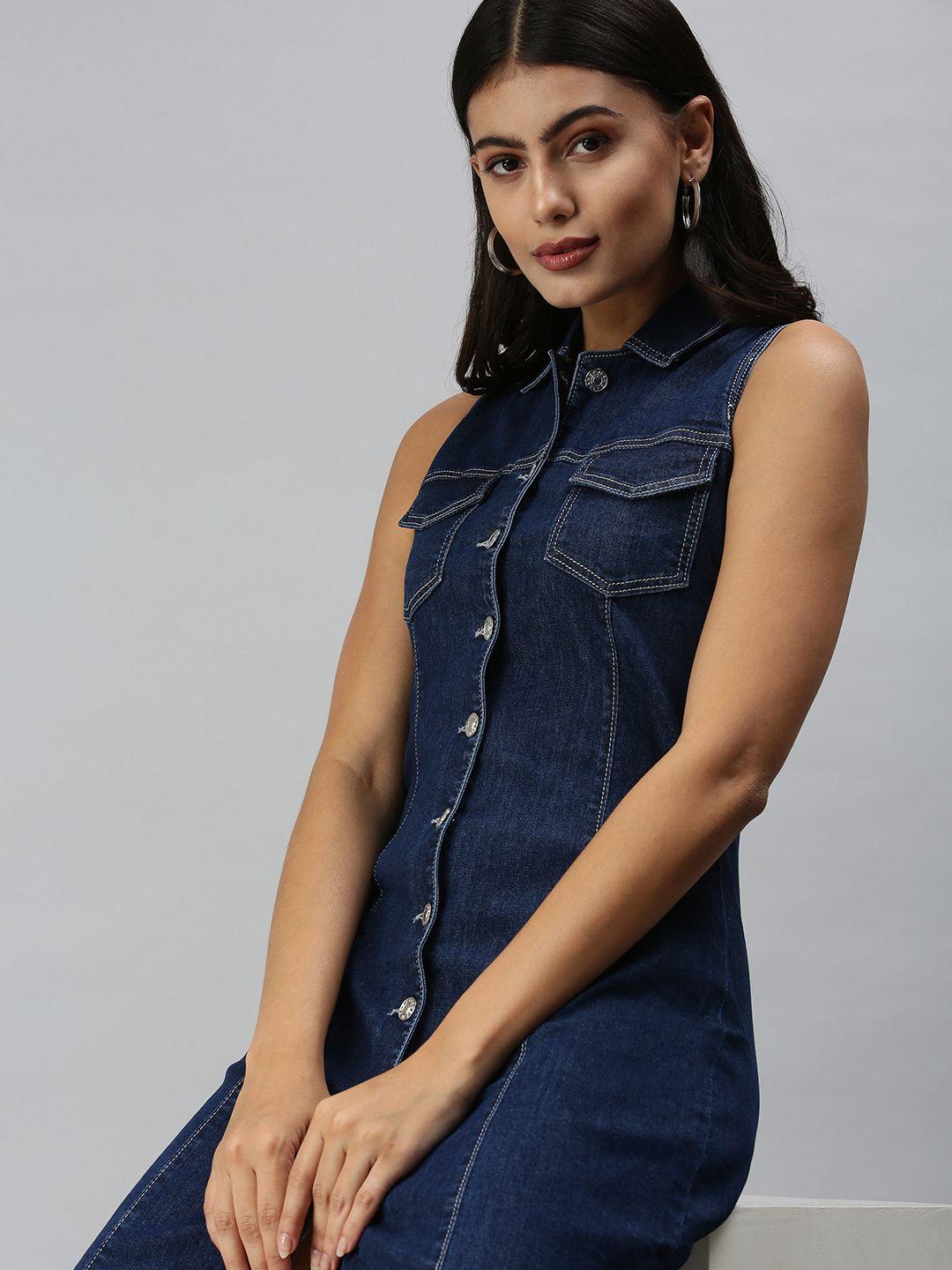 showoff blue denim shirt midi dress