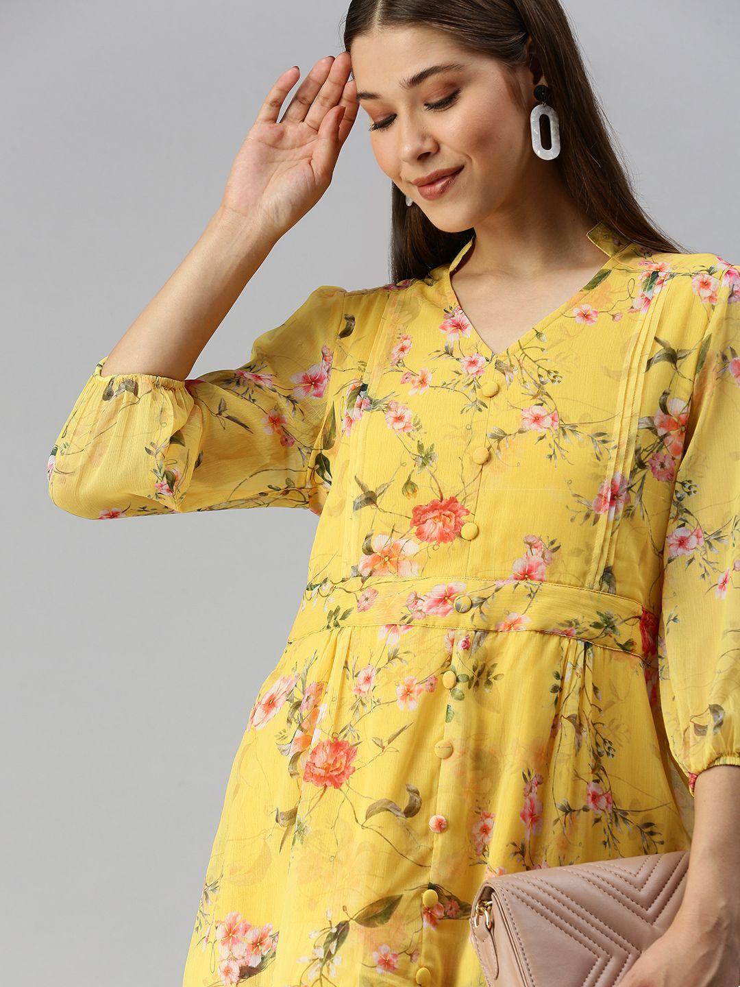 showoff yellow floral layered crepe a-line midi dress