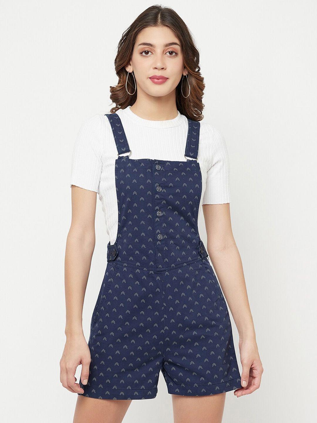 crimsoune club women navy blue printed cotton dungarees