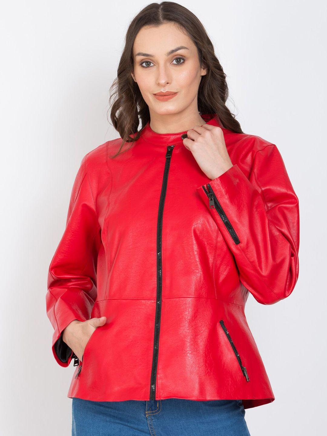 justanned women red outdoor leather jacket