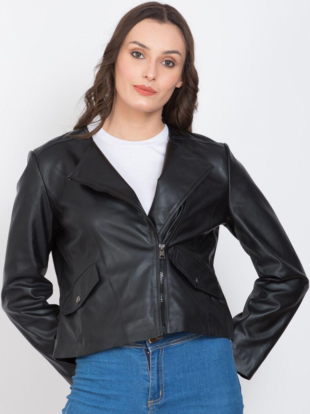 justanned women black crop biker jacket