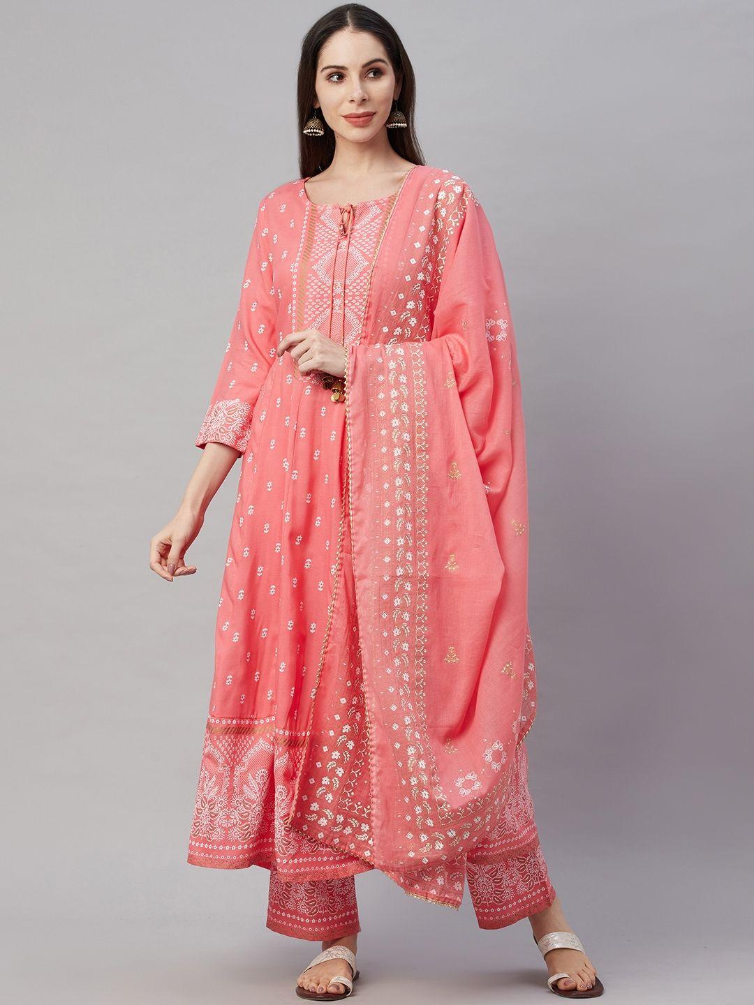 amiras indian ethnic wear women peach-coloured ethnic motifs printed kurta with palazzos & with dupatta