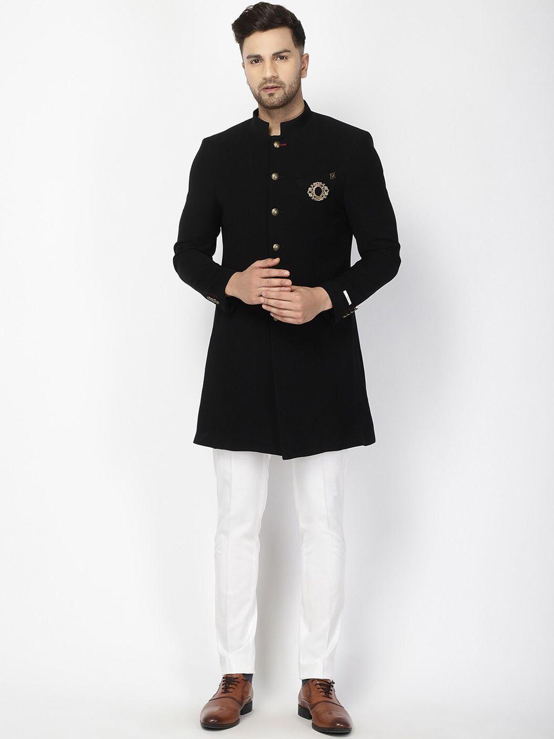 blackberrys men black & white solid slim-fit bandhgala suit