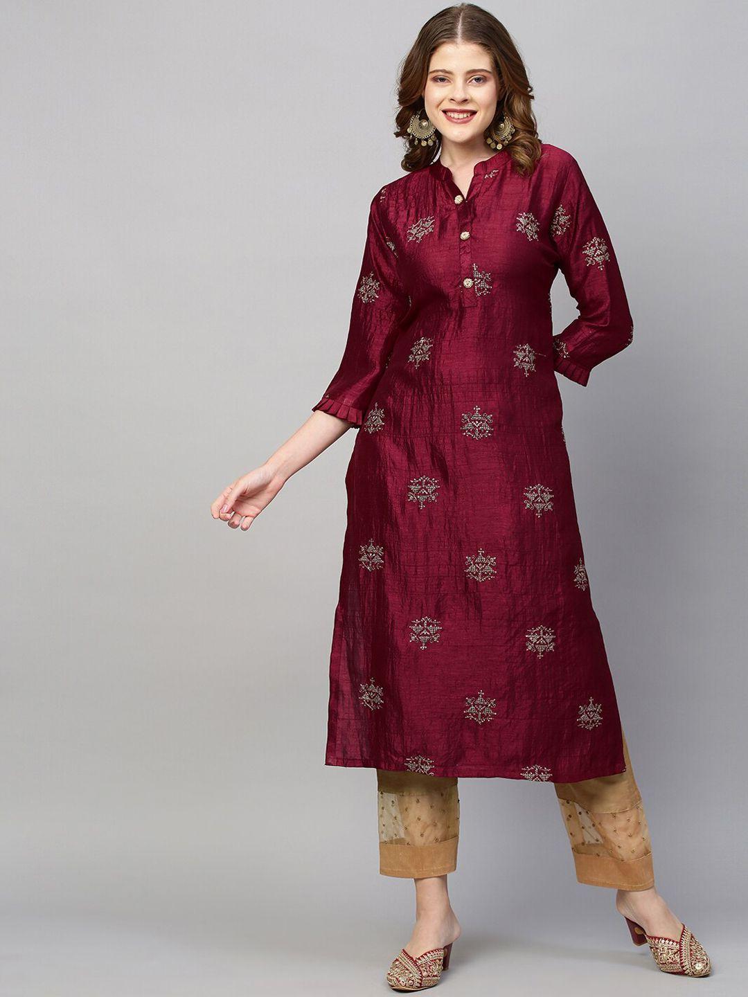 fashor women maroon ethnic motifs embroidered zari straight kurta