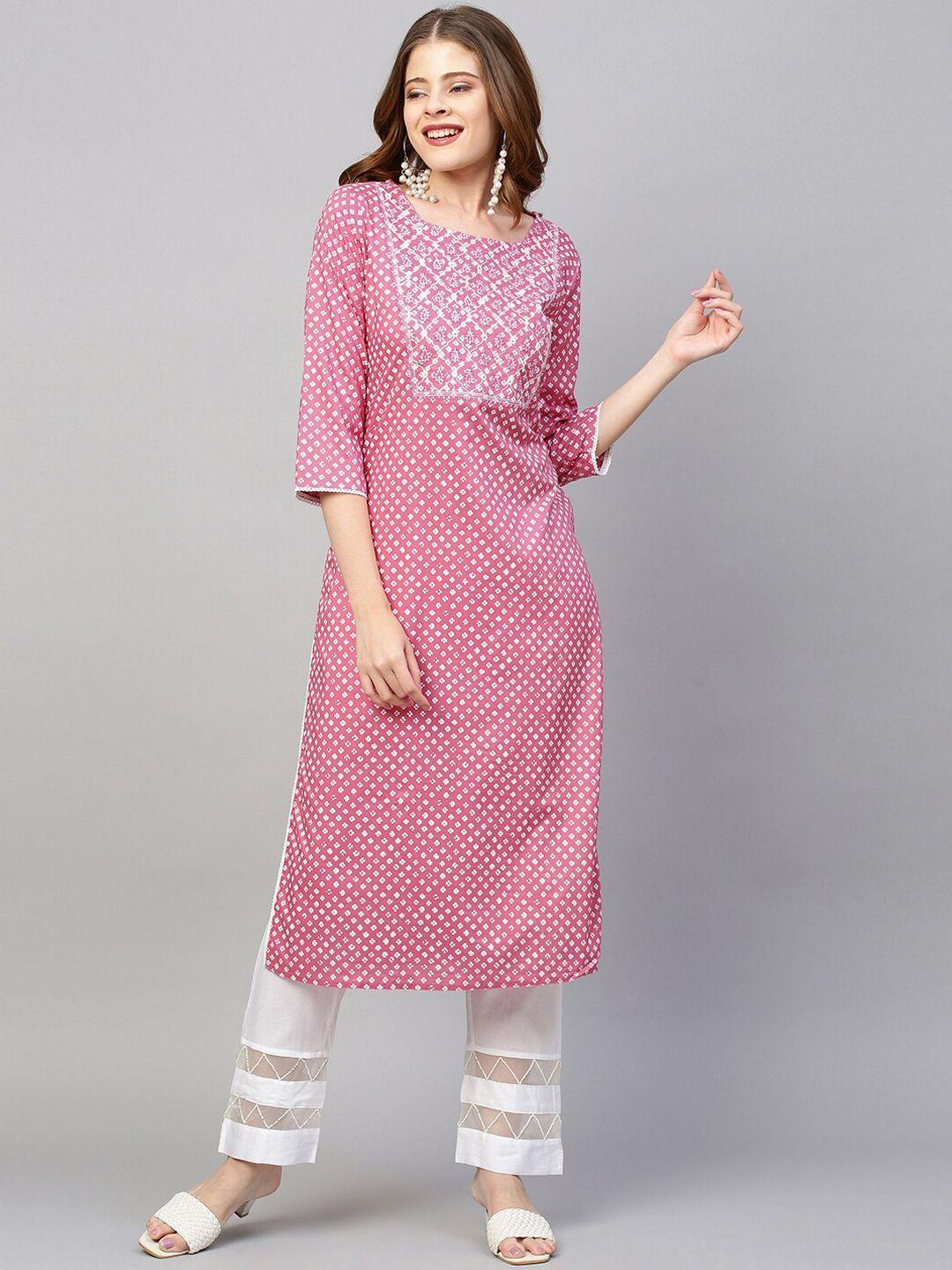 fashor women pink & white ethnic motifs printed thread work kurta