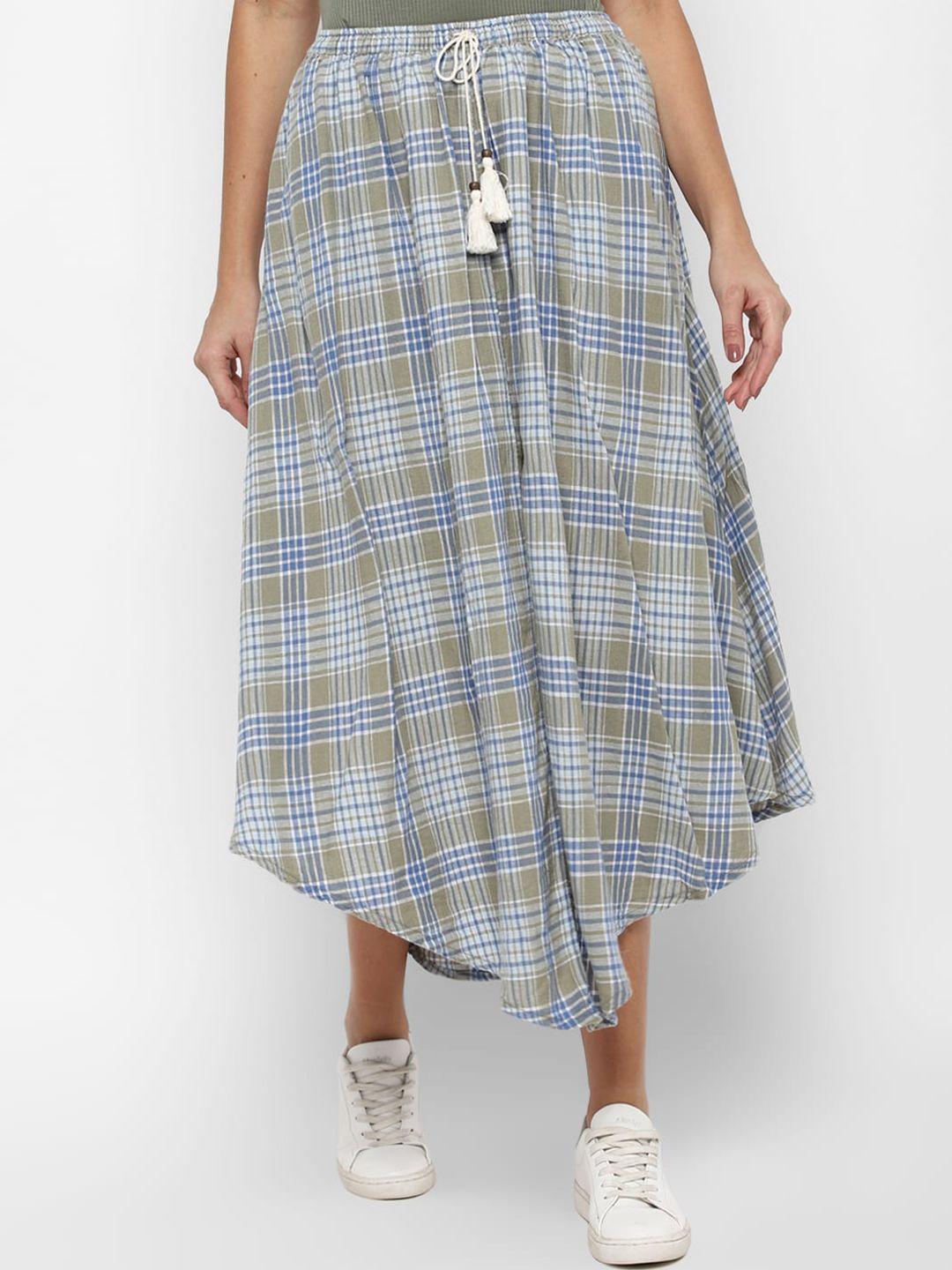 american eagle outfitters women green checked printed midi skirt