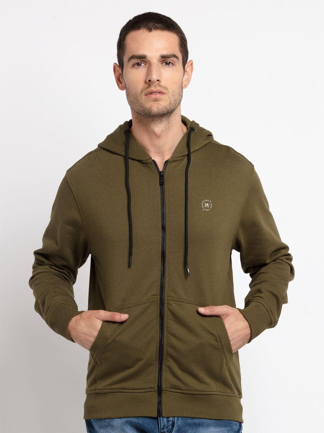 status quo men green solid cotton hooded sweatshirt