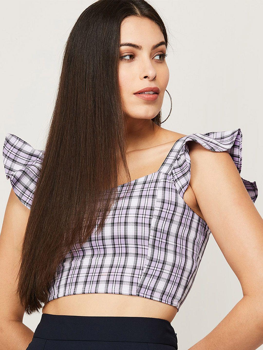 ginger by lifestyle purple & white checked ruffles crop top