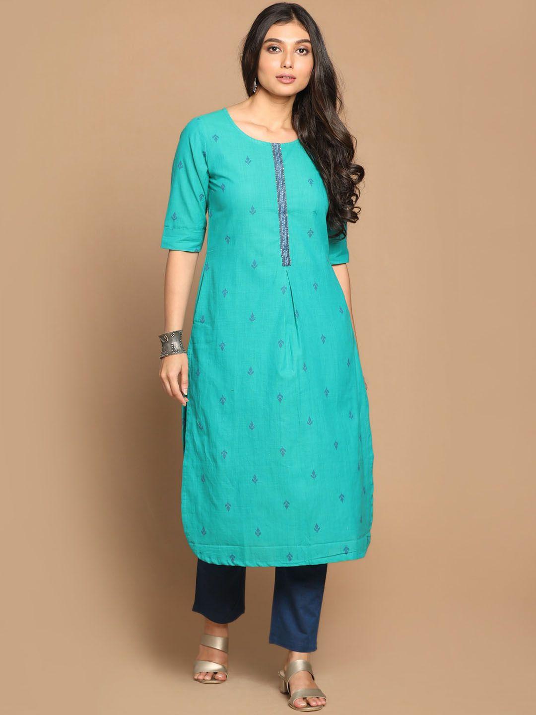 earthwear women turquoise dobby straight kurta with hand embroidery detail on placket