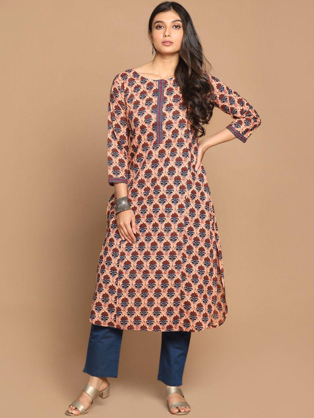 earthwear women maroon & peach-coloured ajrakh printed straight kurta with hand embroidery