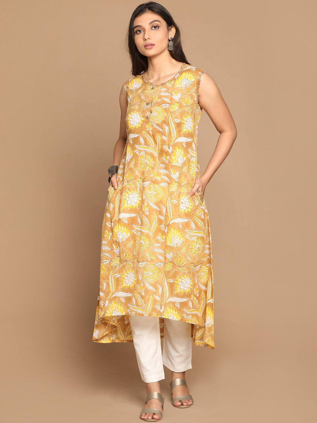 earthwear women mustard yellow & off white block printed a-line kurta with hand embroidery