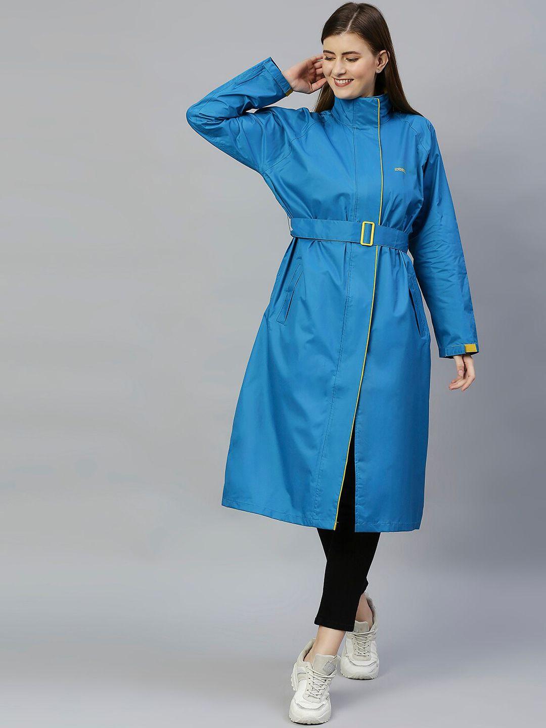 zeel women blue & yellow solid full length rain jacket