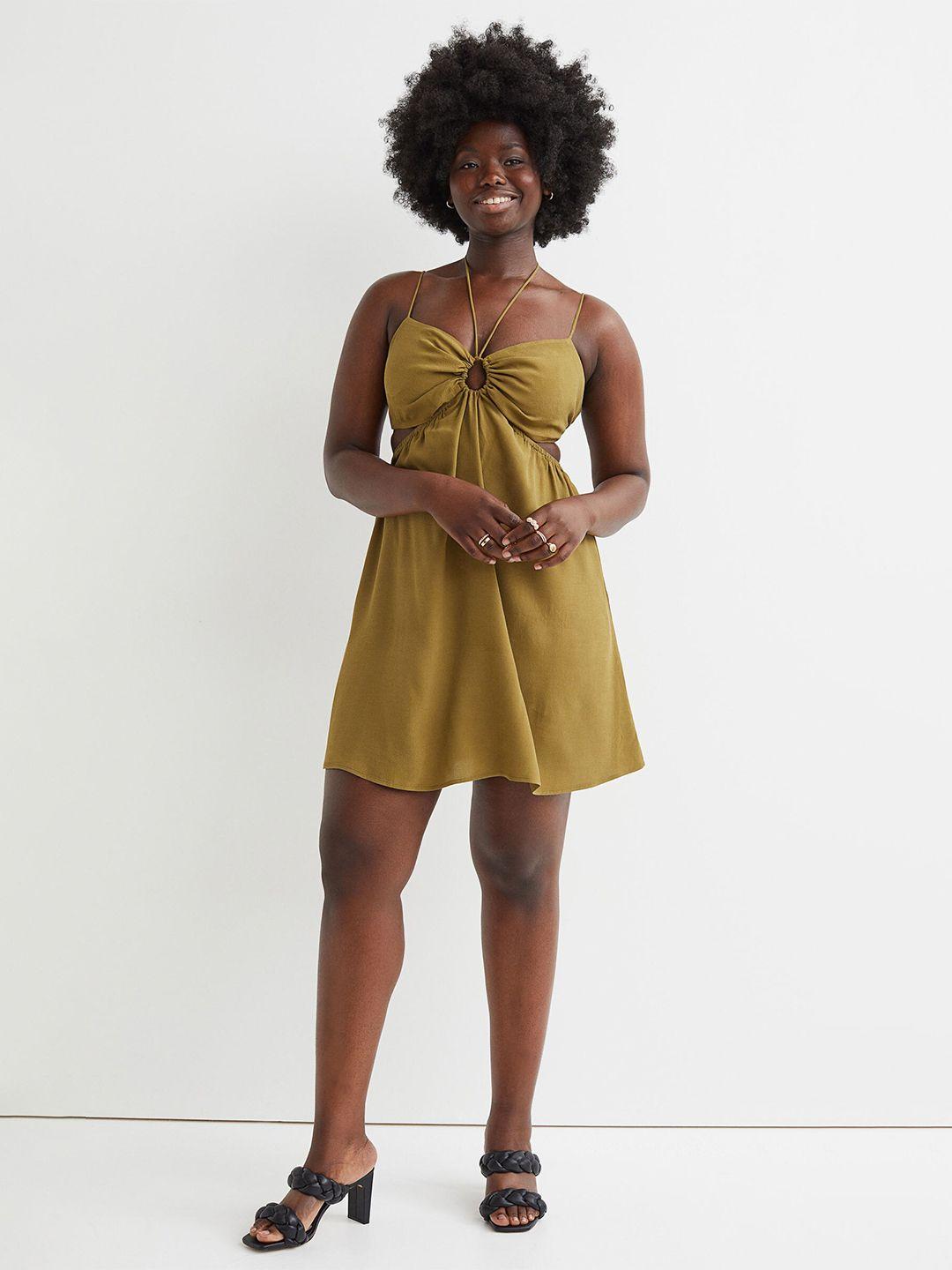 h&m green solid cut-out dress