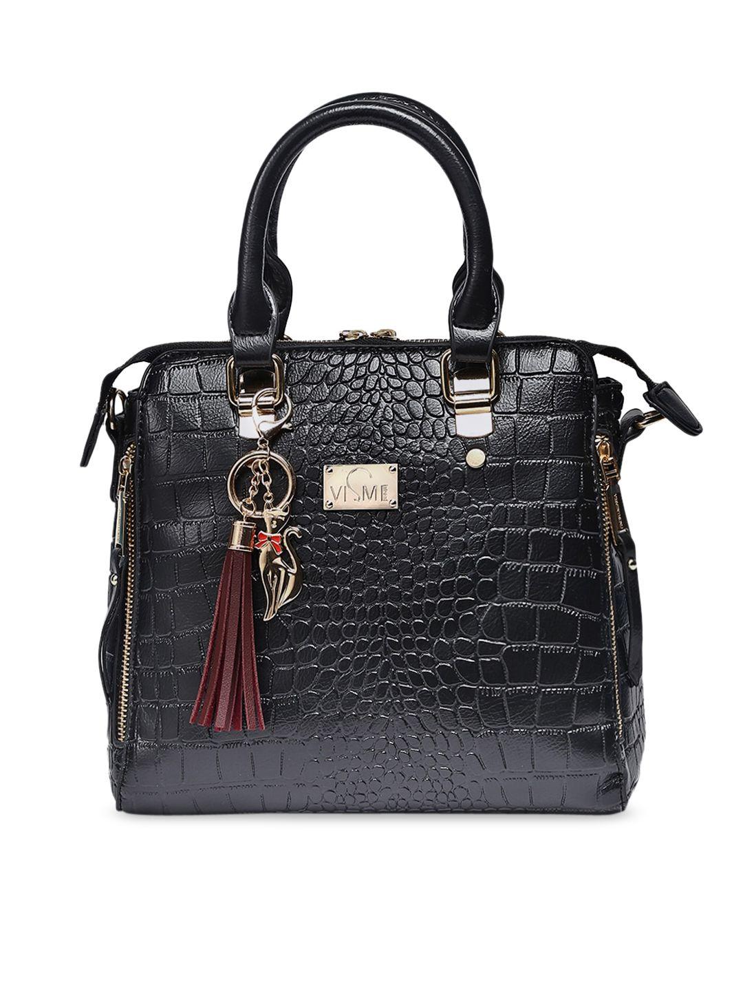 vismiintrend black textured pu structured handheld bag with tassel