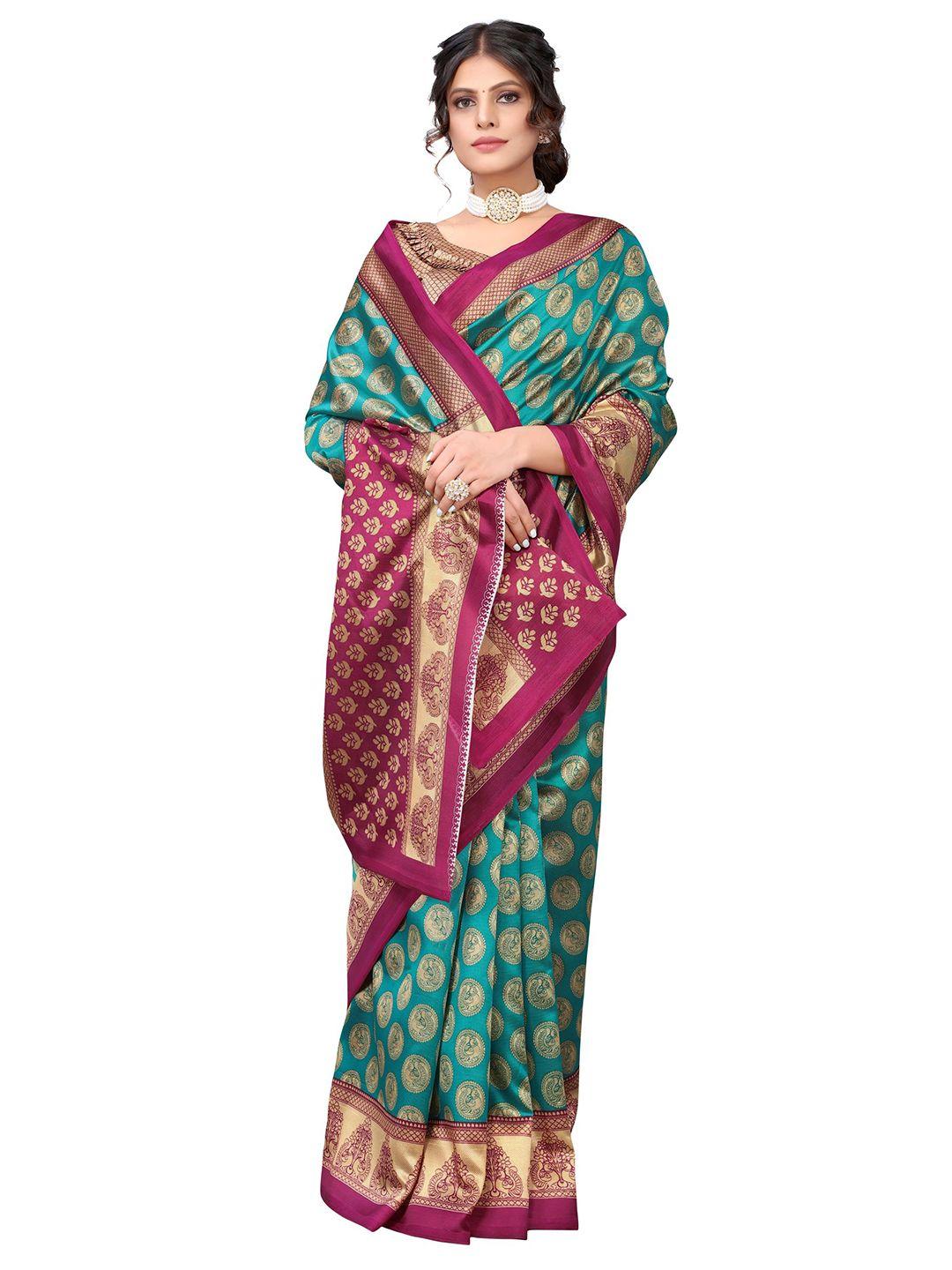 yashika teal & pink ethnic motifs art silk saree