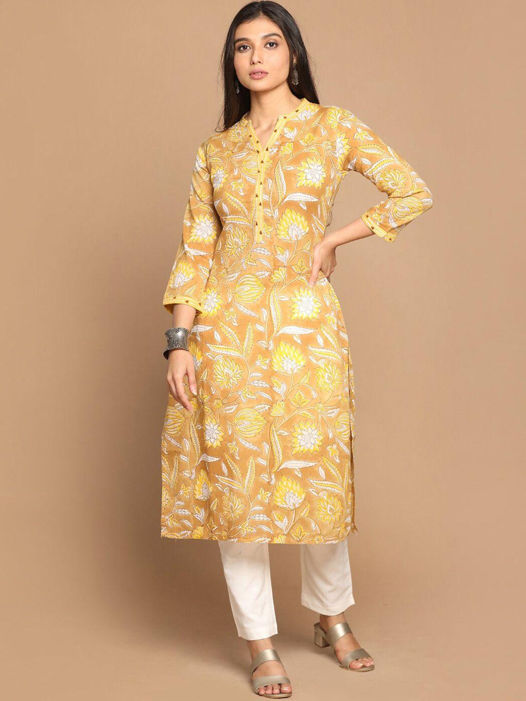 earthwear women mustard yellow floral block printed straight kurta with hand embroidery