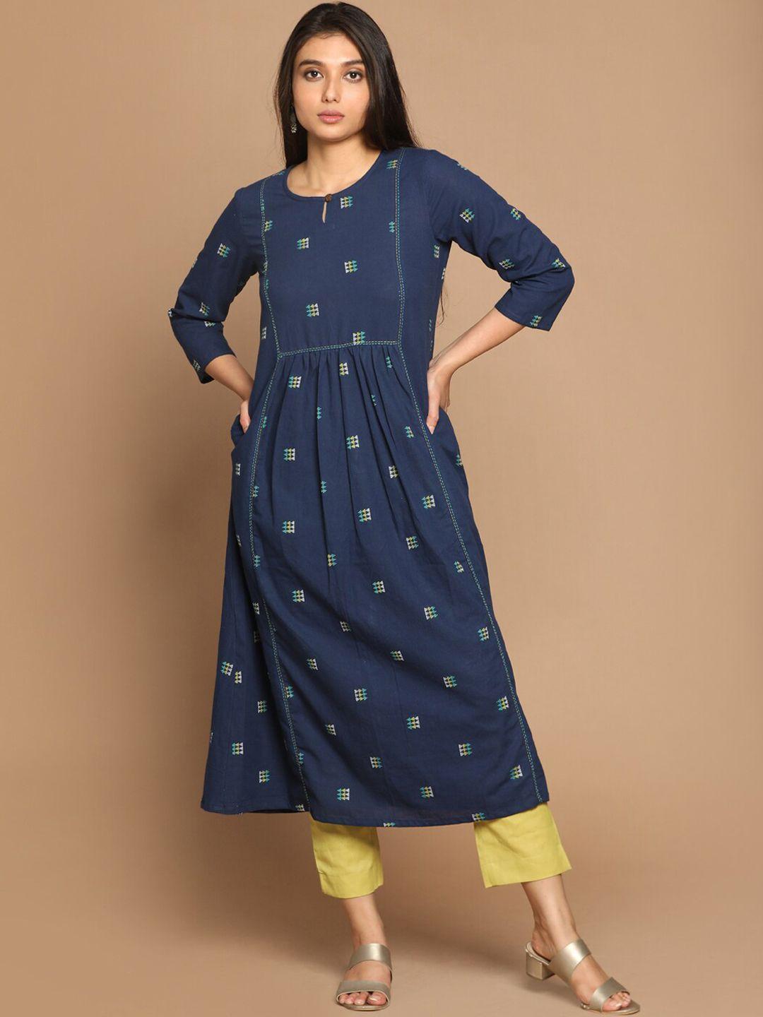 earthwear women blue geometric printed thread work pure cotton kurta