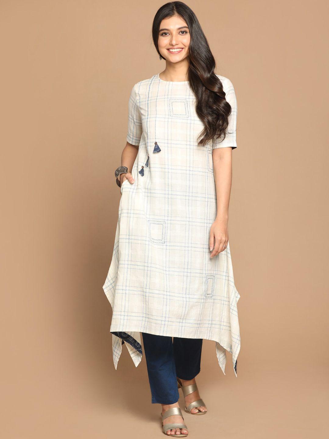 earthwear women white checked pure cotton kurta