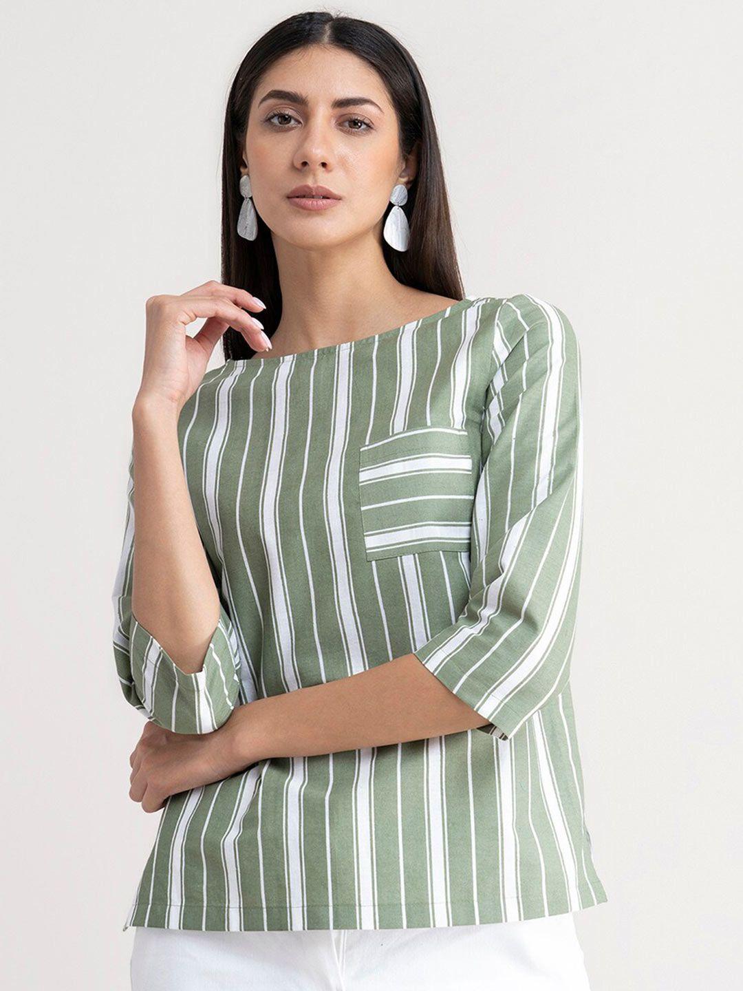 fablestreet olive green & white striped linen top