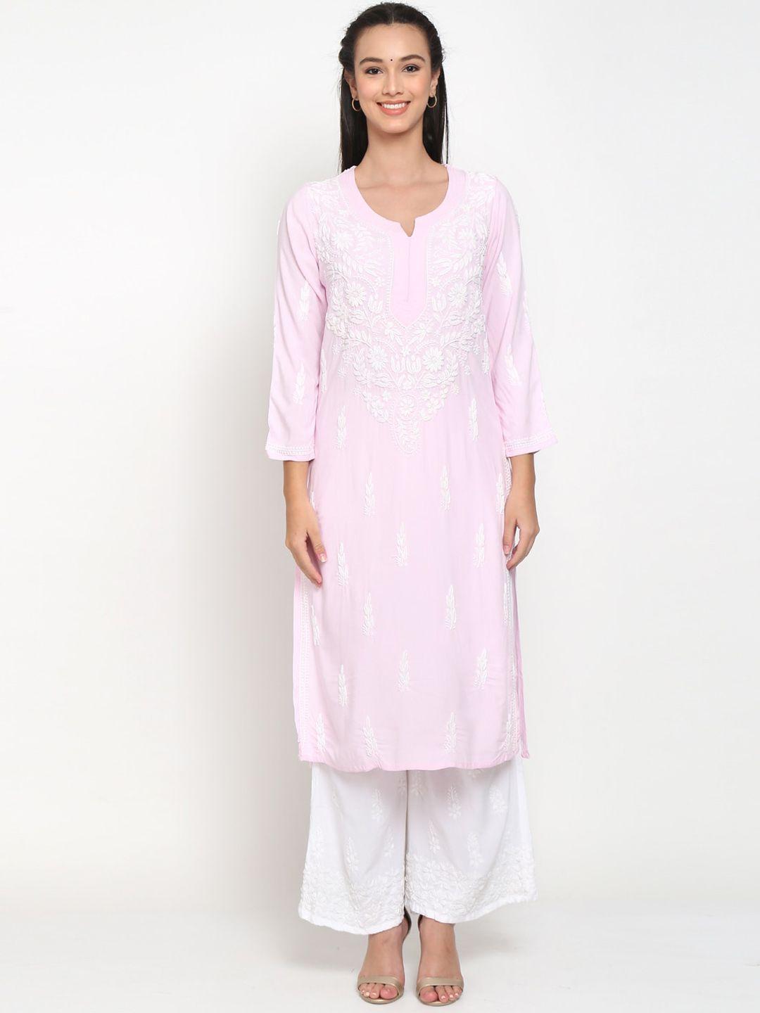 paramount chikan women pink ethnic motifs embroidered chikankari kurta