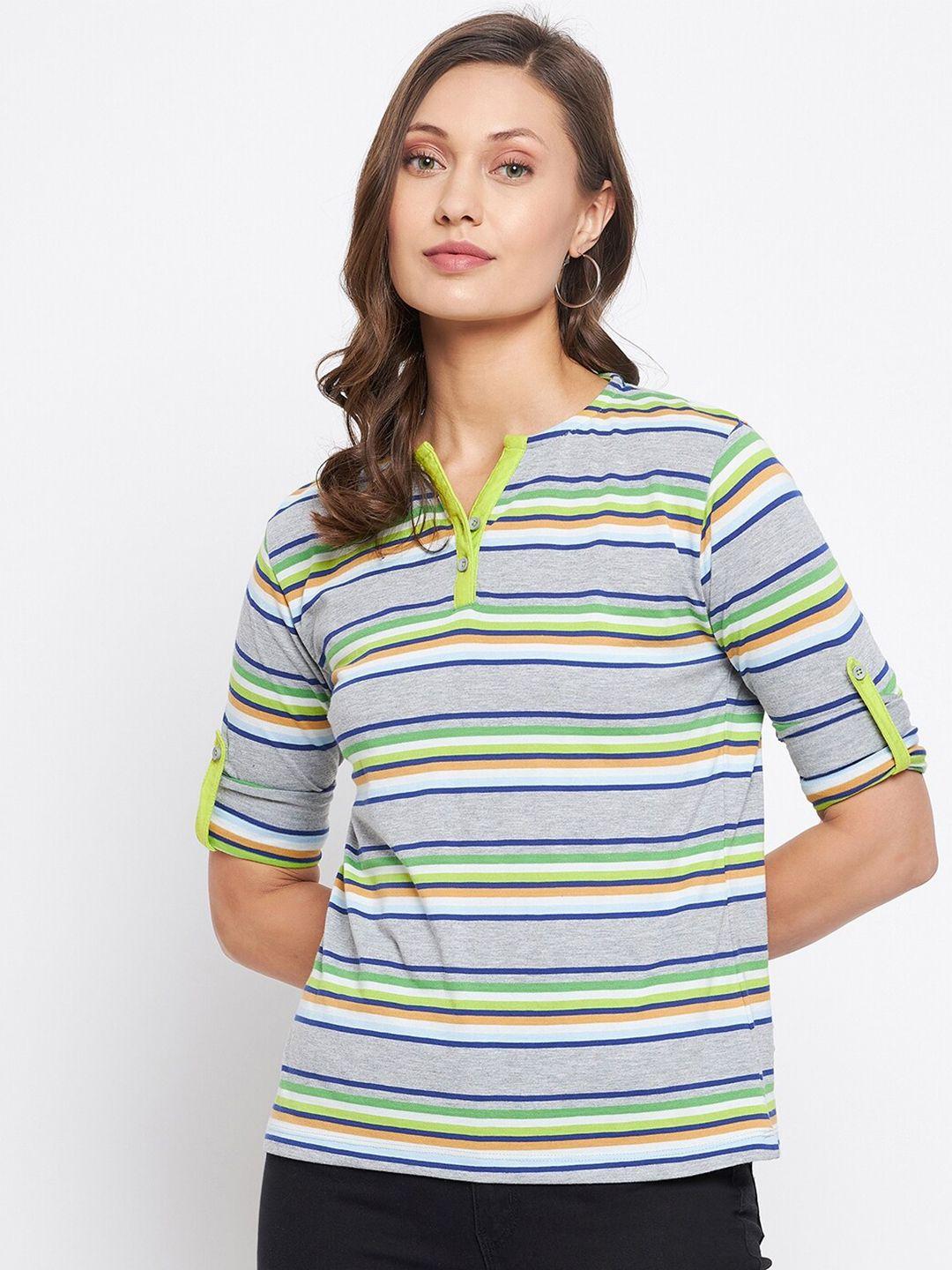 harbornbay women grey & green striped henley neck t-shirt