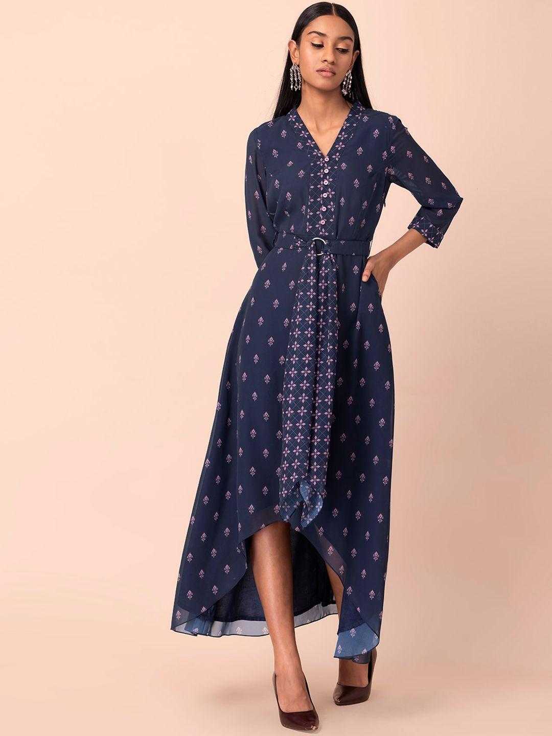 indya women navy blue high low georgette kurta with attached belt