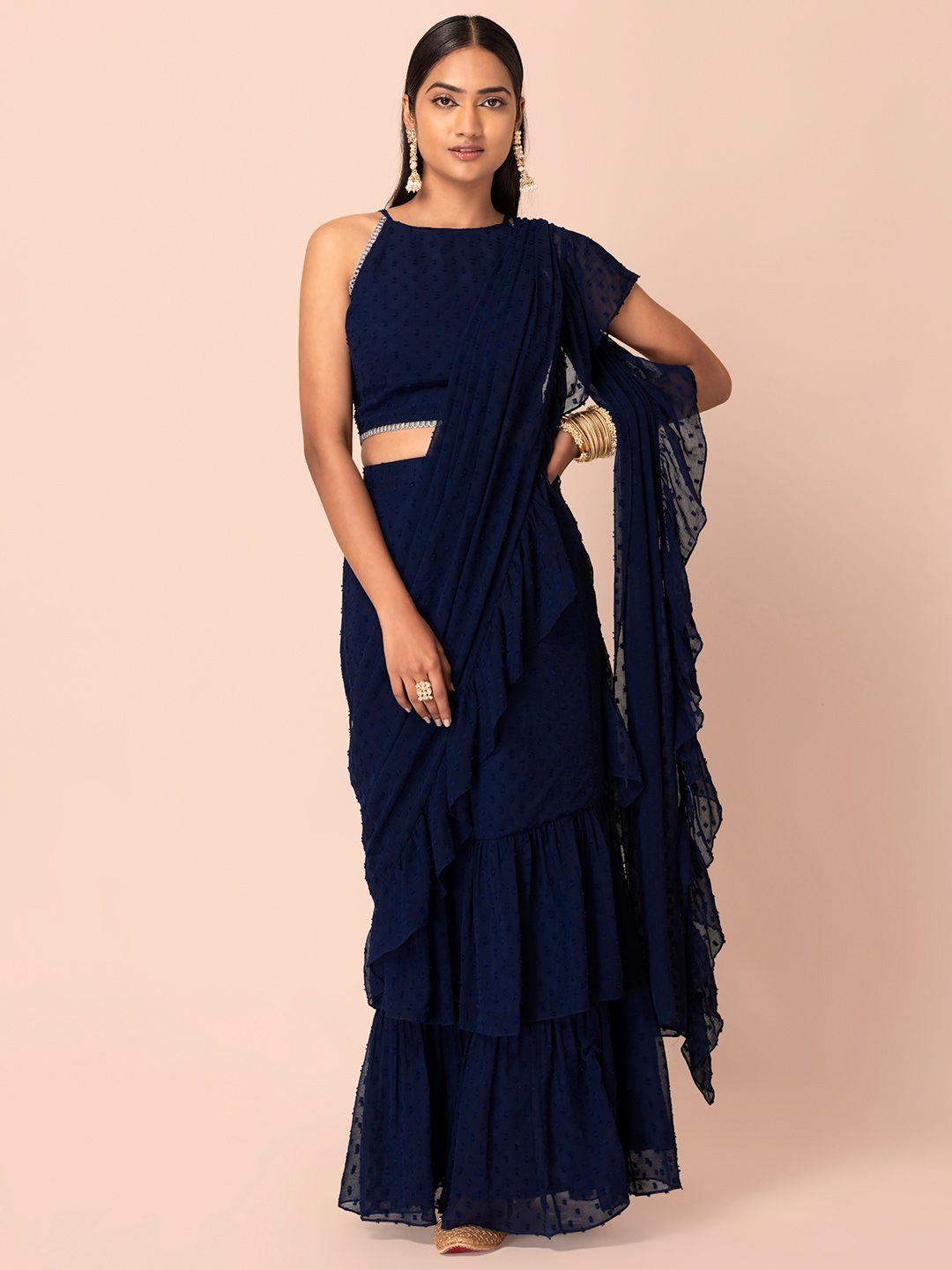 indya navy blue ruffled pre draped saree