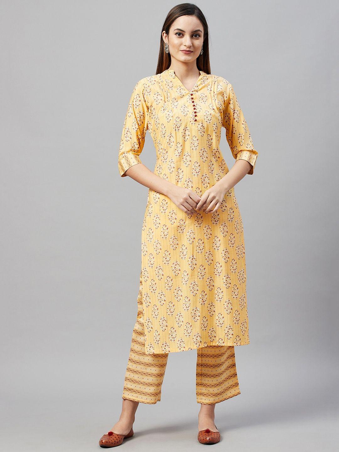 v tradition women yellow & red floral print kurta with trousers