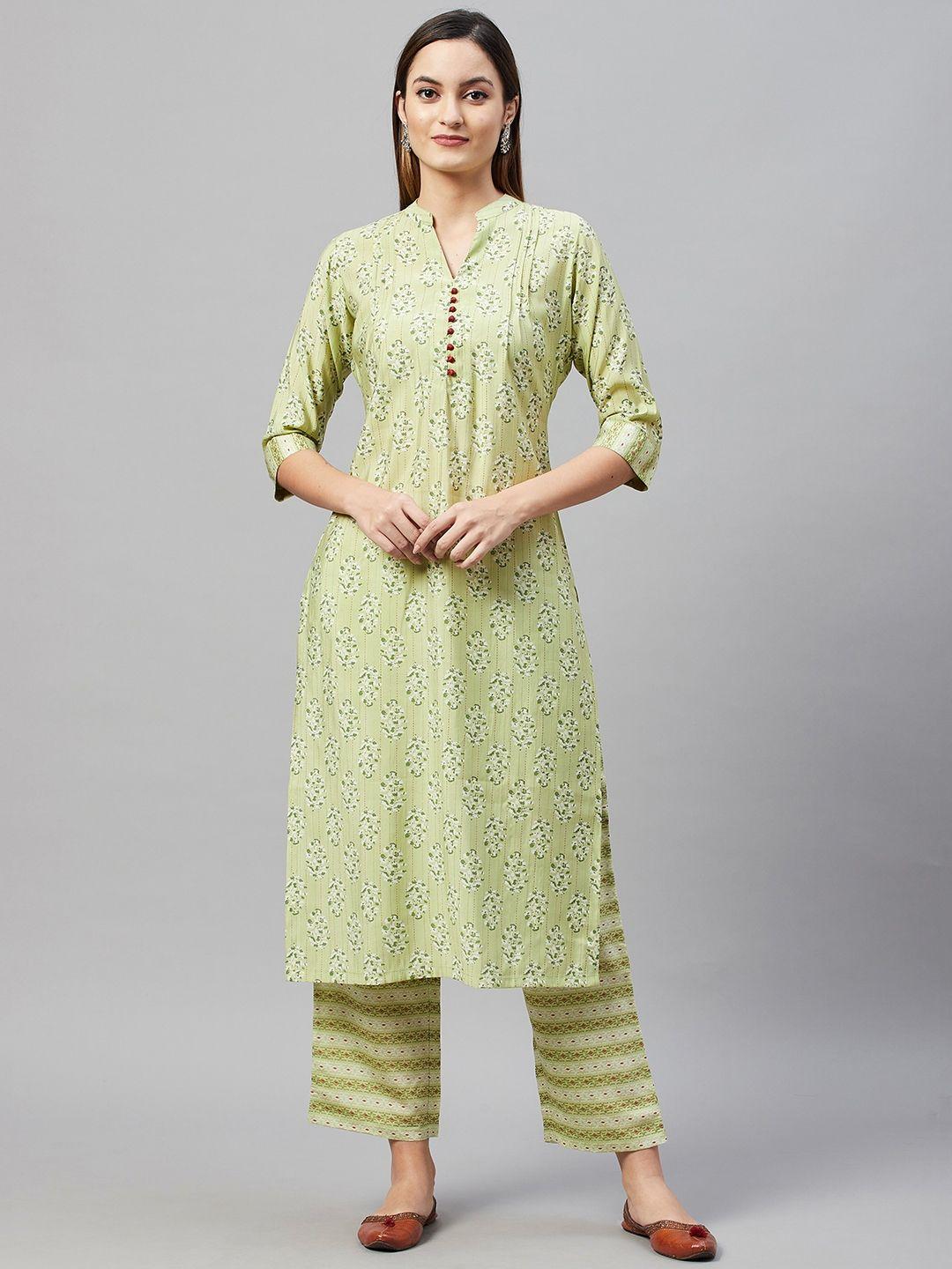 v tradition women green & white floral print kurta with trousers