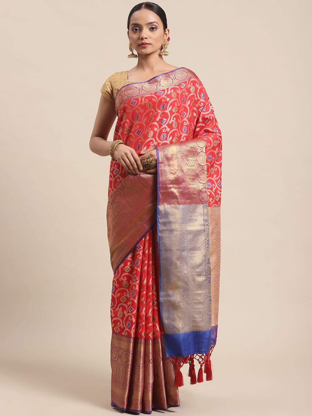 silk land red & gold-toned floral zari pure silk ikat saree