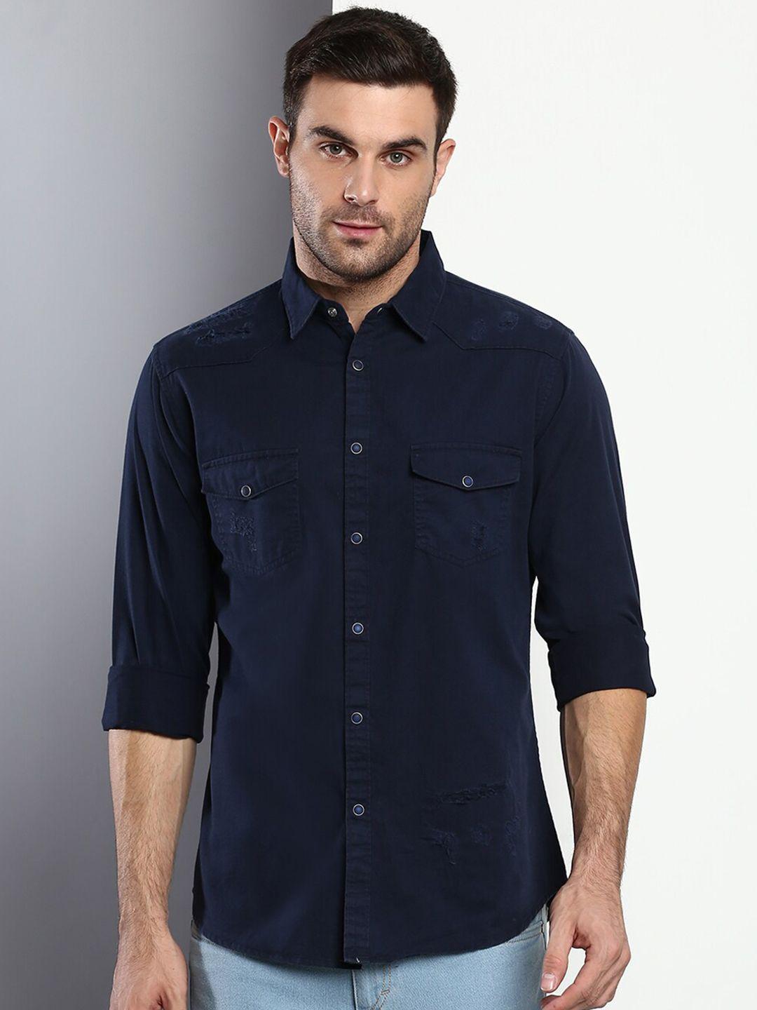 dennis lingo men navy blue slim fit casual shirt