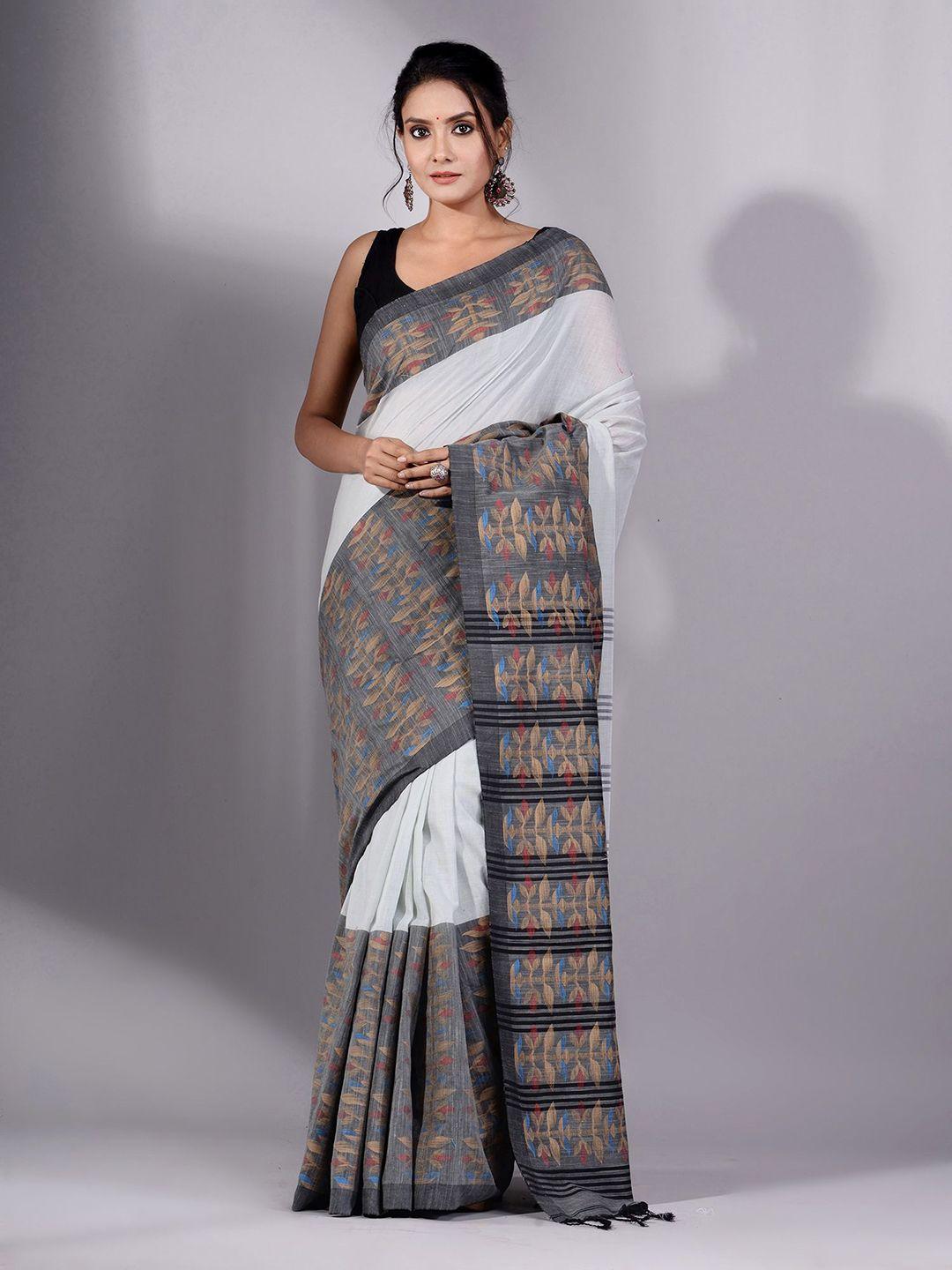 charukriti cream-coloured & black woven design pure cotton saree