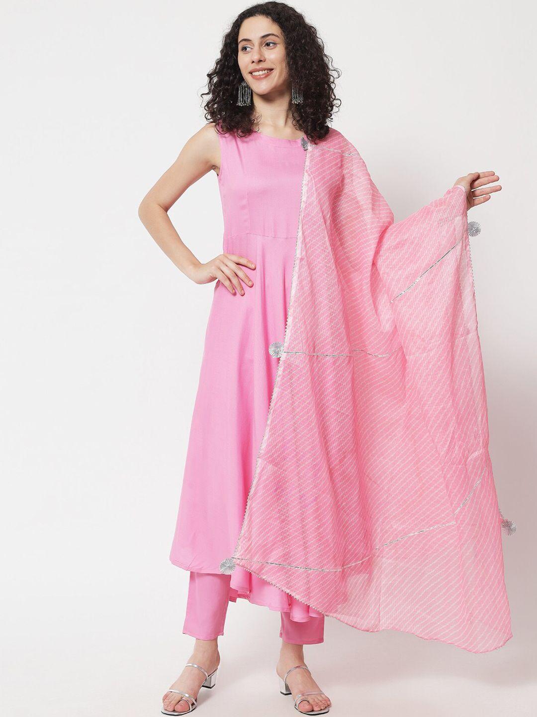 meeranshi women pink gotta patti kurti with trousers & with dupatta