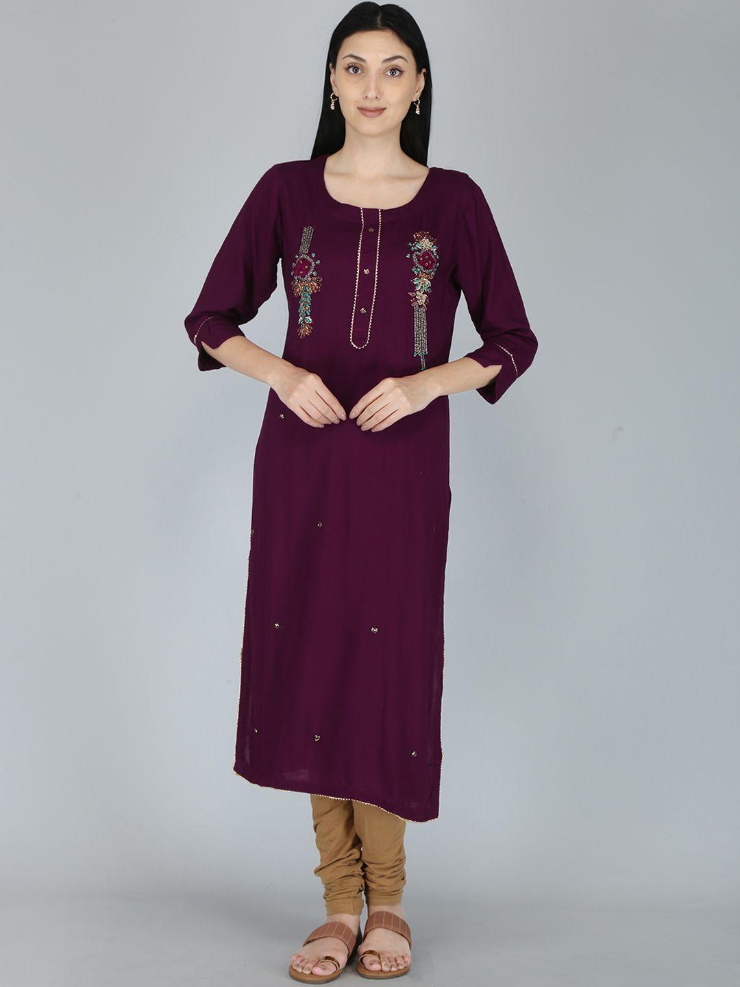 kalini women burgundy embellished thread work kurta