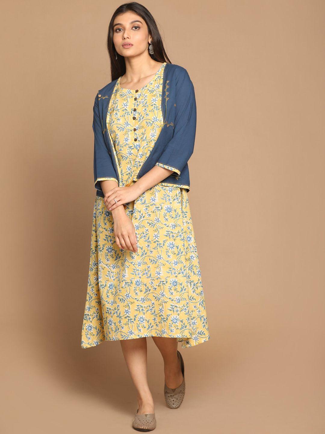 earthwear women yellow ethnic motifs printed cotton kurta with hand-embroidered shrug